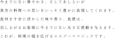 今までにない華やかさ、そしてあしらいが貴方の料理への思いをいっそう豊かに表現してくれます。食材を十分に活かした味や香り、食感は、召し上がるお客様に今までにない大きな感動を与えます。これが、料理の幅を広げるエスプーママジックです。